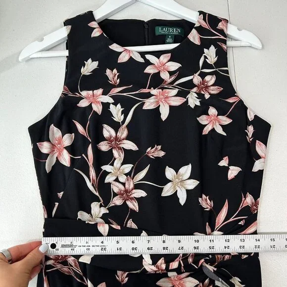 Lauren Ralph Lauren Womens Dress 8 Black Floral Midi Jersey Knot Mock Wrap Work - Picture 6 of 15